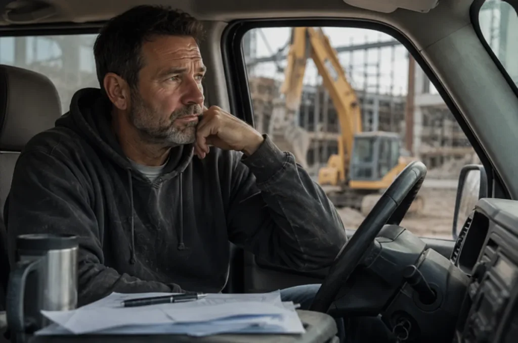 A man sits in his truck at a work site, chin resting on his hand, with paperwork on his lap and a coffee cup beside him.