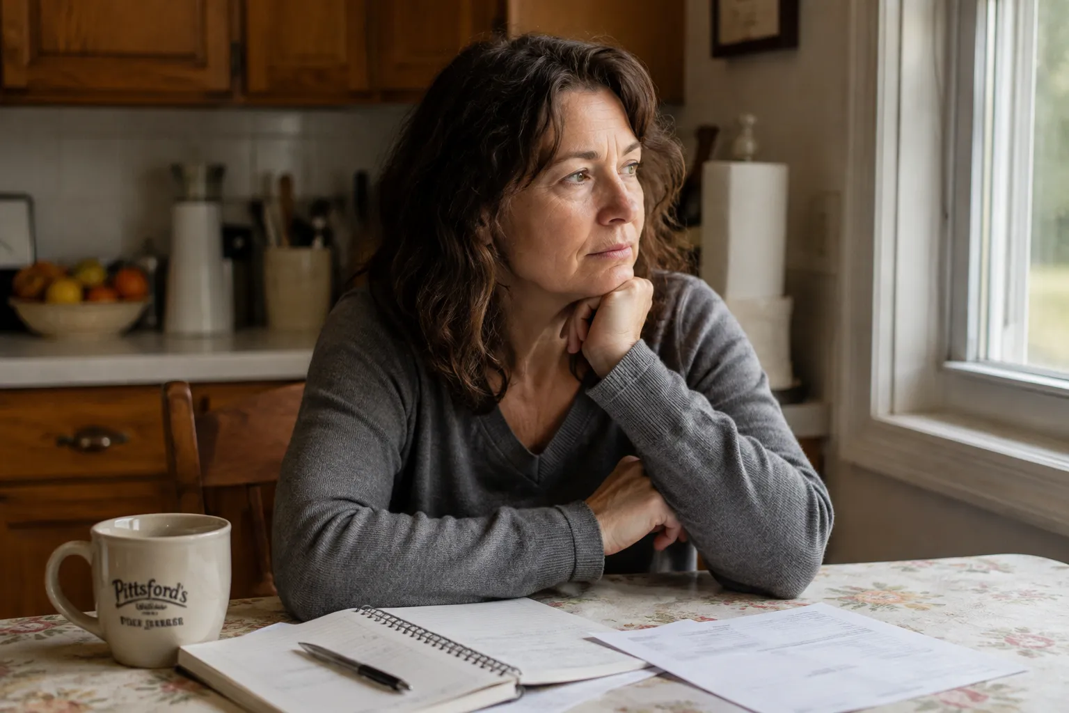 A woman sits at her kitchen table beside a window, chin resting on her hand, with laboratory paperwork and an open notebook in front of her.