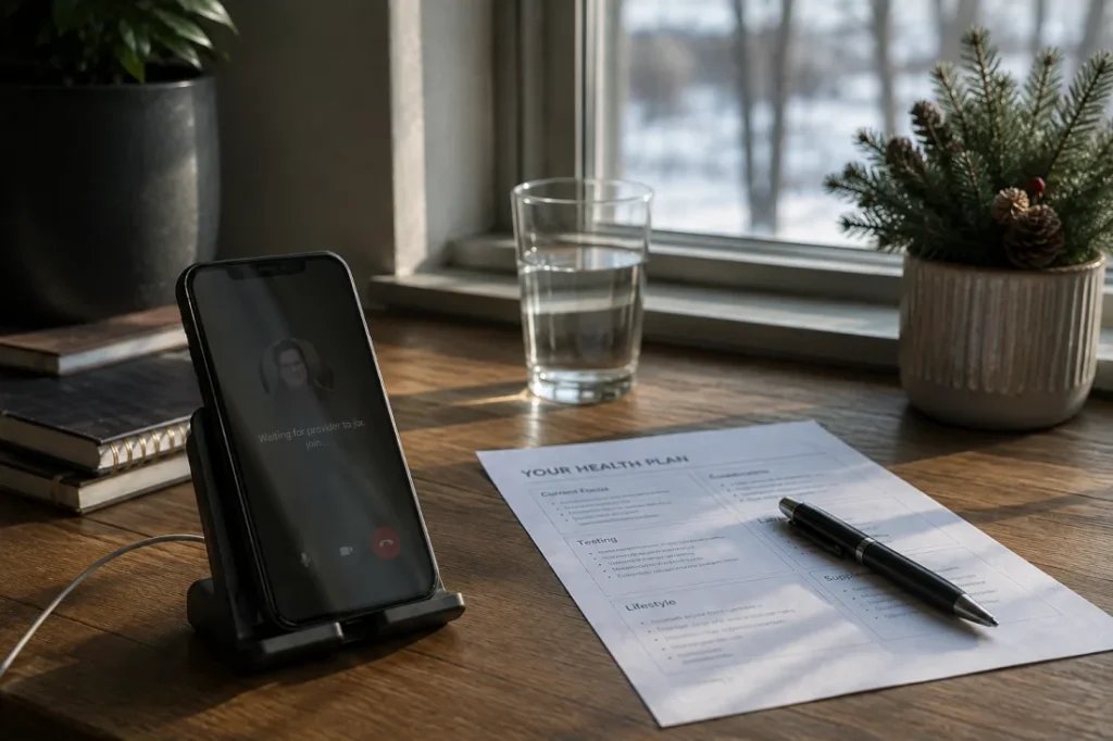 A phone on a stand showing a video call connecting, beside a printed health plan and a pen on a wooden desk, with snow visible through the window.